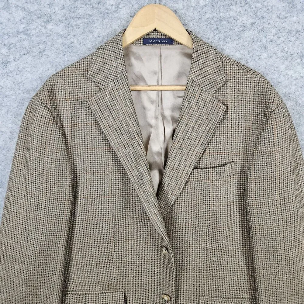 Lands End Men's Blazer Brown‎ Windowpane Tweed Size 42S 100% Lambswool PINHOLES
